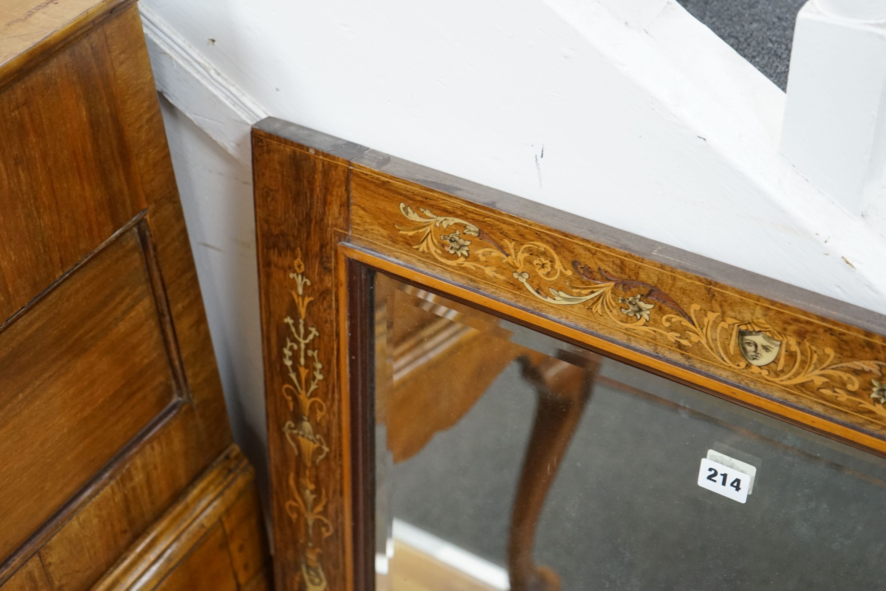 An Edwardian rosewood and marquetry mirror, width 72cm height 82cm